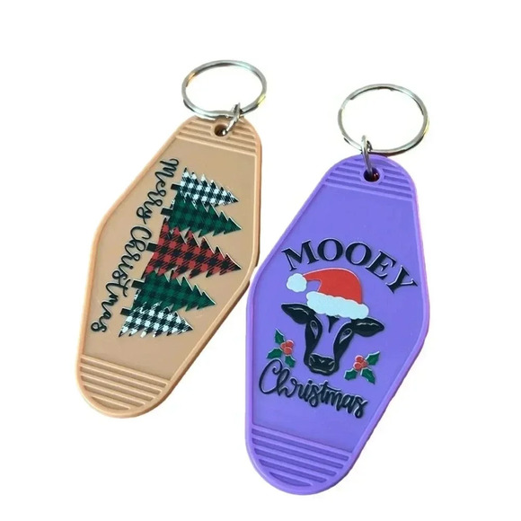 Holiday Key Tags, Christmas Trees, Plaid, Cow, Santa Hat (Set of 2) - Picture 1 of 8
